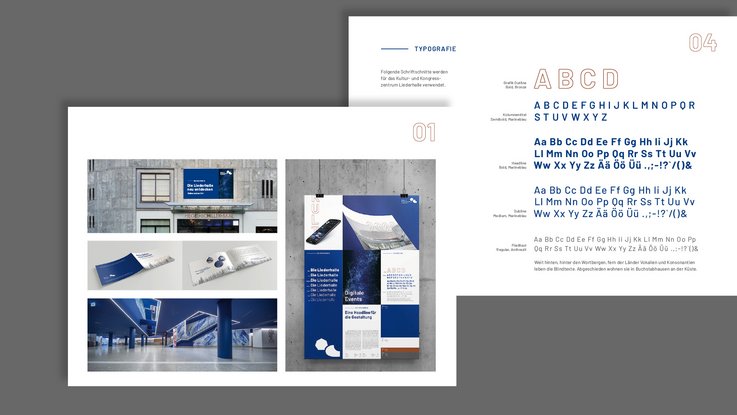 VISUELL Kommunikationsdesign: Corporate Design Liederhalle: Übersicht des Corporate Design mit Aufzeigung der Typografie und beispielhaften Werbemitteln