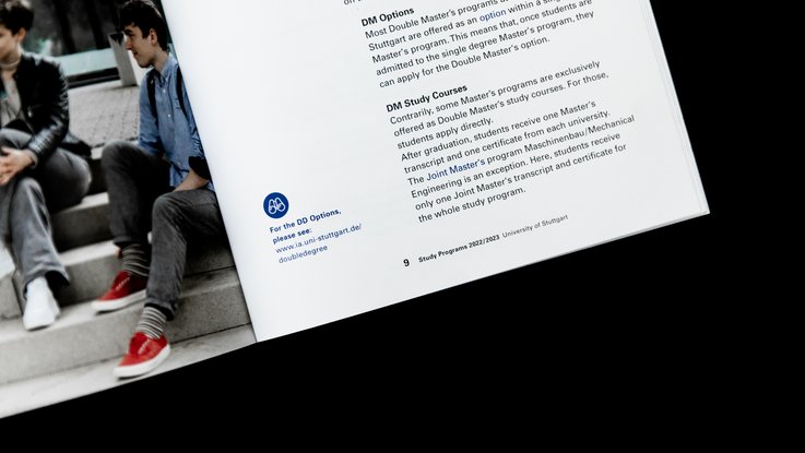 VISUELL Kommunikationsdesign: Editorial Design Study Programs Broschüre: Detailaufnahme Innenseite mit Text und blauem Icon