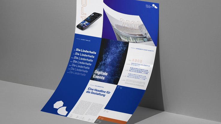 VISUELL Kommunikationsdesign: Corporate Design Liederhalle: Plakat des Corporate Designs der Liederhalle in dunkelblau mit der Akzentschrift