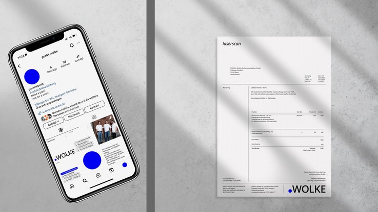 VISUELL Kommunikationsdesign: Corporate Design für punktWOLKE VISUELL Kommunikationsdesign: Corporate Design punktWOLKE: Darstellung des Instagram-Profil links sowie des Rechnungsbogens rechts