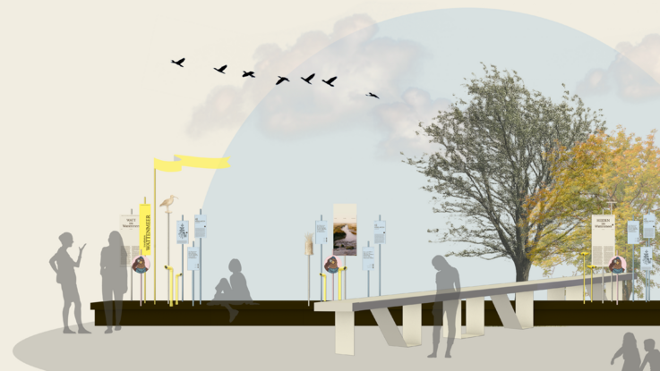 VISUELL Szenografie: Wanderausstellung: Wattenmeer-Besucherzentrum Cuxhaven VISUELL Szenografie: Wanderausstellung: Wattenmeer-Besucherzentrum Cuxhaven: Perspektivische Gesamtansicht eines Ausstellungselements zum Wattenmeer: Auf einem langen dunklen Podest stehen filigrane Stelen mit Texttafeln, Illustrationen, gelben Sehrohren und Tierdarstellungen. Rechts führt ein heller Steg an einem großen Baum vorbei; Silhouetten von Besucher:innen verdeutlichen die Nutzung im Raum.