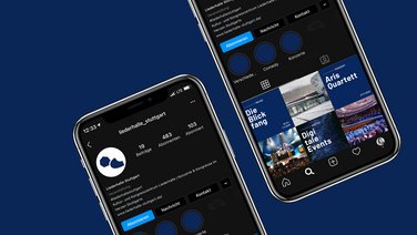 VISUELL Kommunikationsdesign: Corporate Design Liederhalle: Instagram-Auftritt auf einem IPhone mit dunkelblauen Feedposts