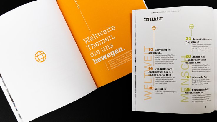 VISUELL Kommunikationsdesign: Editorial Design inMotion: Innenseite Inhaltsverzeichnis mit orange, grünen und blauen Details